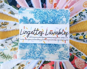 Puede incluir: Un montón de almohadillas reutilizables para desmaquillar de colores con una etiqueta blanca que dice "Lingettes Lavables 100% Fait main en Micro-éponge bambou et imprimé Coton - Lavage à 40 °C Mouillez votre lingette à l'eau du robinet, passez la sur votre joli visage, vous voilà démaquillée!"