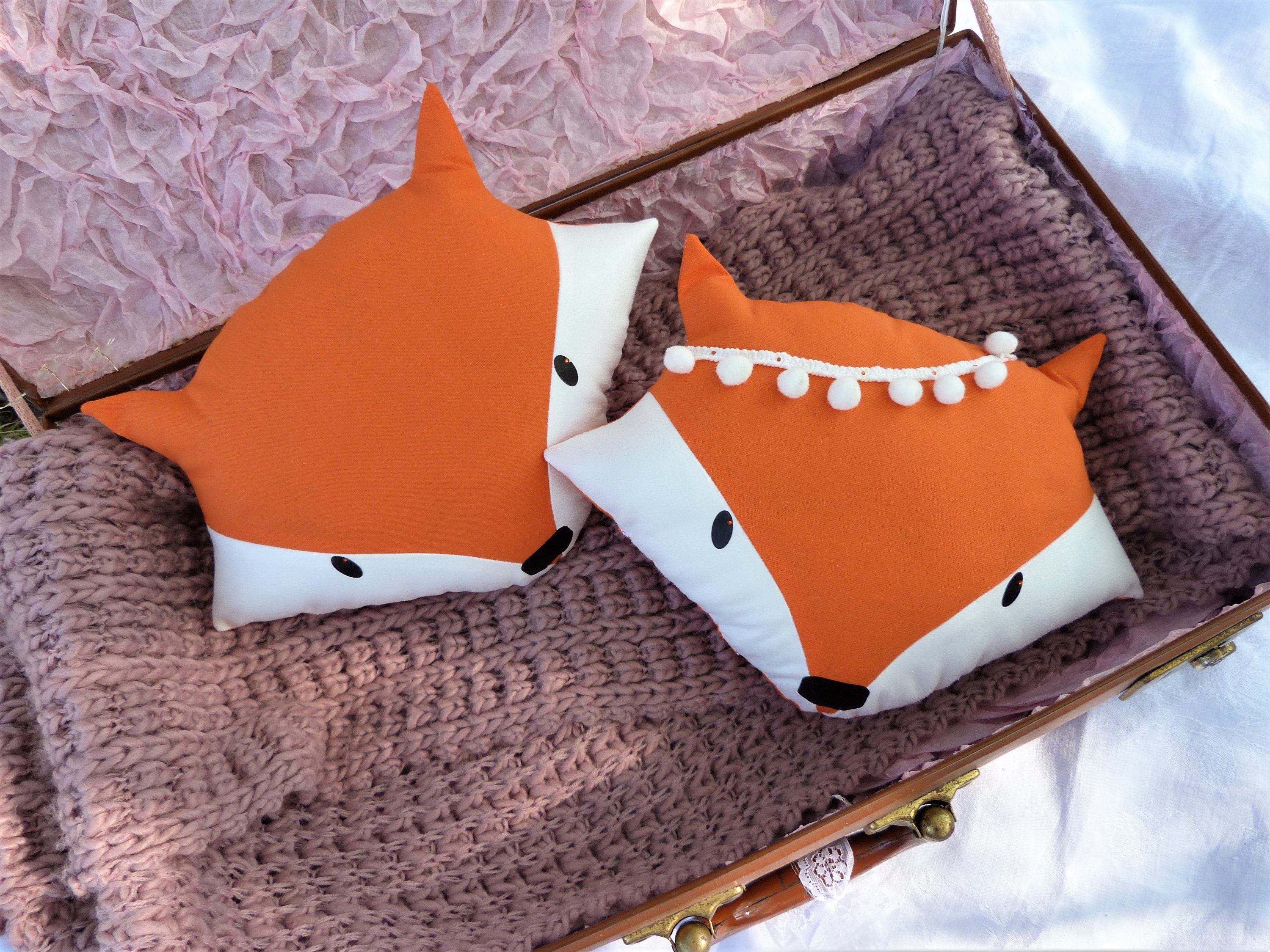 Coussin Renard Décoratif Orange Détails Pompons/Coussin Renard Déco Chambre Enfant Cadeau Pour Canap