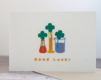 Good Luck Erlenmeyer flask, graduated cylinder, beaker Greeting Card - Single