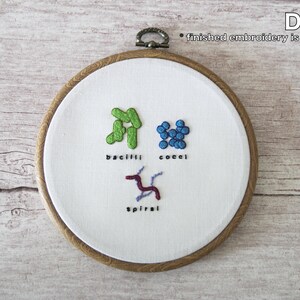 May include: DIY embroidery kit featuring three types of bacteria: bacilli, cocci, and spiral. The kit includes a white embroidery hoop with a white fabric background. The finished embroidery is not included.
