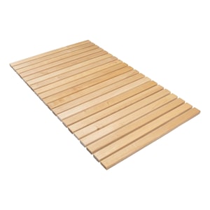 May include: A natural wood bath mat with a slatted design. The mat is made of light brown wood and has a rectangular shape.