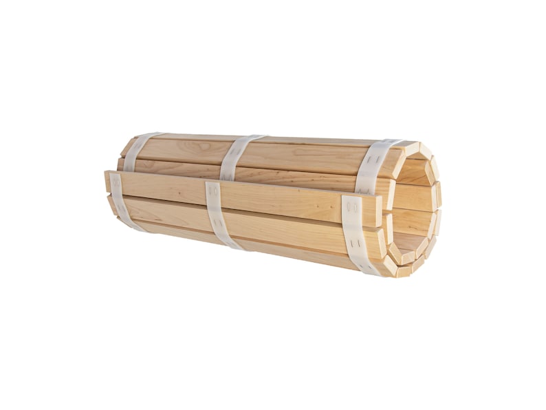 May include: A rolled up wooden mat with white straps. The mat is made of natural wood and is perfect for use as a yoga mat or meditation mat.