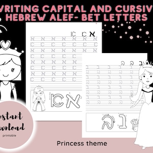 Learning Hebrew-Capital & Cursive Letters Tracing and Practice, Activity Workbook with Princess, Writing and  coloring the Alef-Bet Letters.