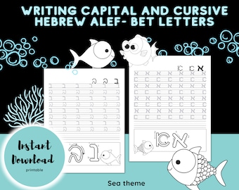 Puede incluir: Hoja de trabajo imprimible para aprender las letras del alfabeto hebreo Alef y Bet. La hoja de trabajo presenta un tema marino con ilustraciones de peces y burbujas. El texto "WRITING CAPITAL AND CURSIVE HEBREW ALEF-BET LETTERS" está en la parte superior de la página. El texto "Instant Download printable" está en la parte inferior de la página. El texto "Sea theme" está en la parte inferior central de la página.