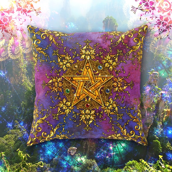 Witchy Golden Pentacle Cushion Wicca Home Decor Pillow Case