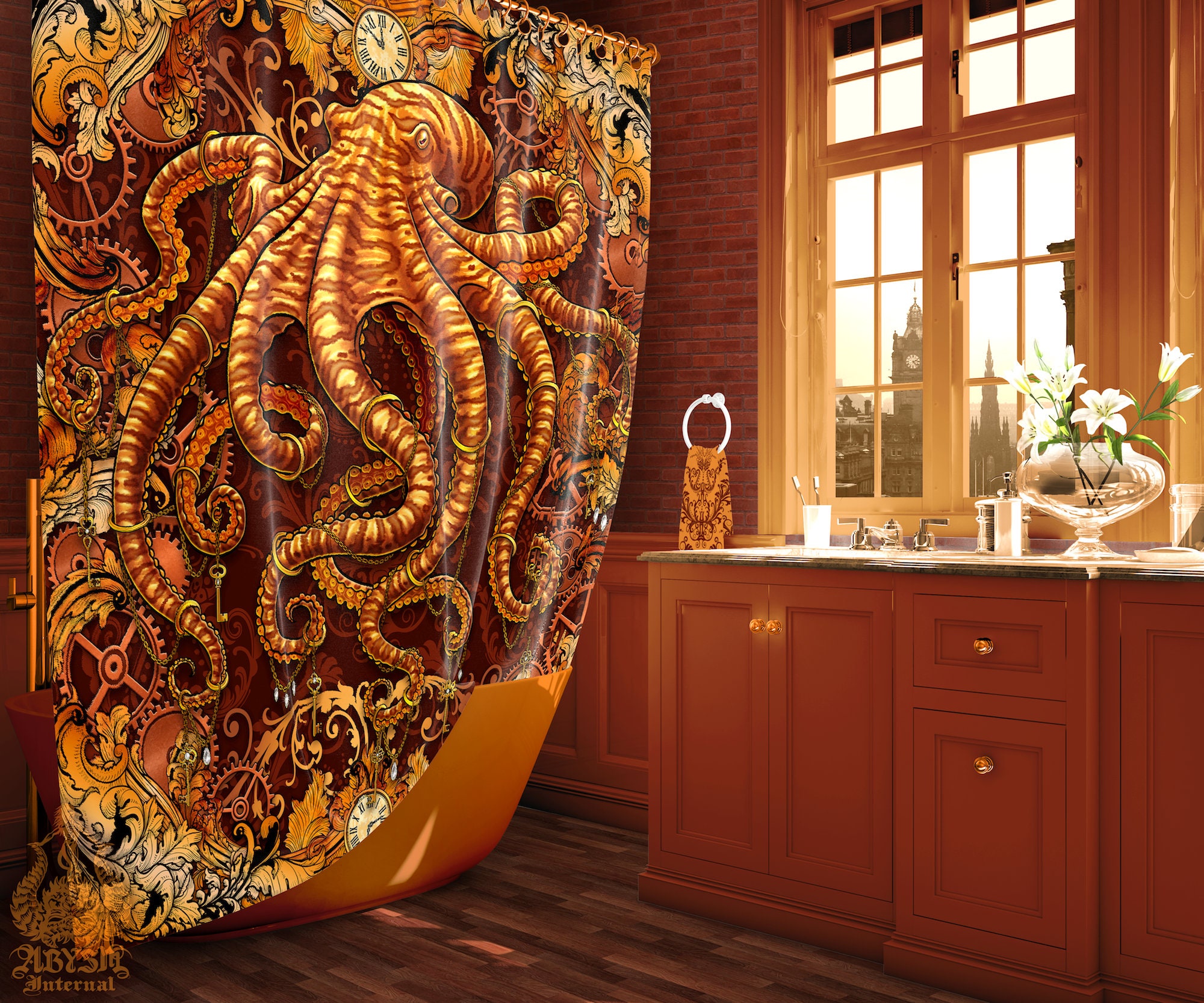 Steampunk Shower Curtain Octopus Bathroom Decor Nautical Etsy