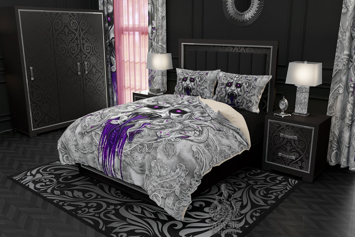 White Goth Bedding Set Duvet Cover or Comforter Twin Queen Etsy