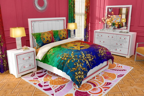 Wicca Pentacle Bedding Set Duvet Cover Or Comforter Twin Queen And King Size Sham Pillows Pagan Home Decor Gold