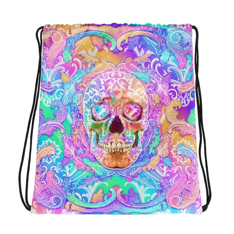 Yami Kawaii Psychedelic Skull Drawstring Backpack Menhera Kei Bag Vaporwave Style