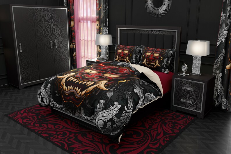 Silver Japanese Demon Tattoo Bedding Set Duvet Cover Twin Queen And King Size Sham Pillows Dark Grunge Goth Oni