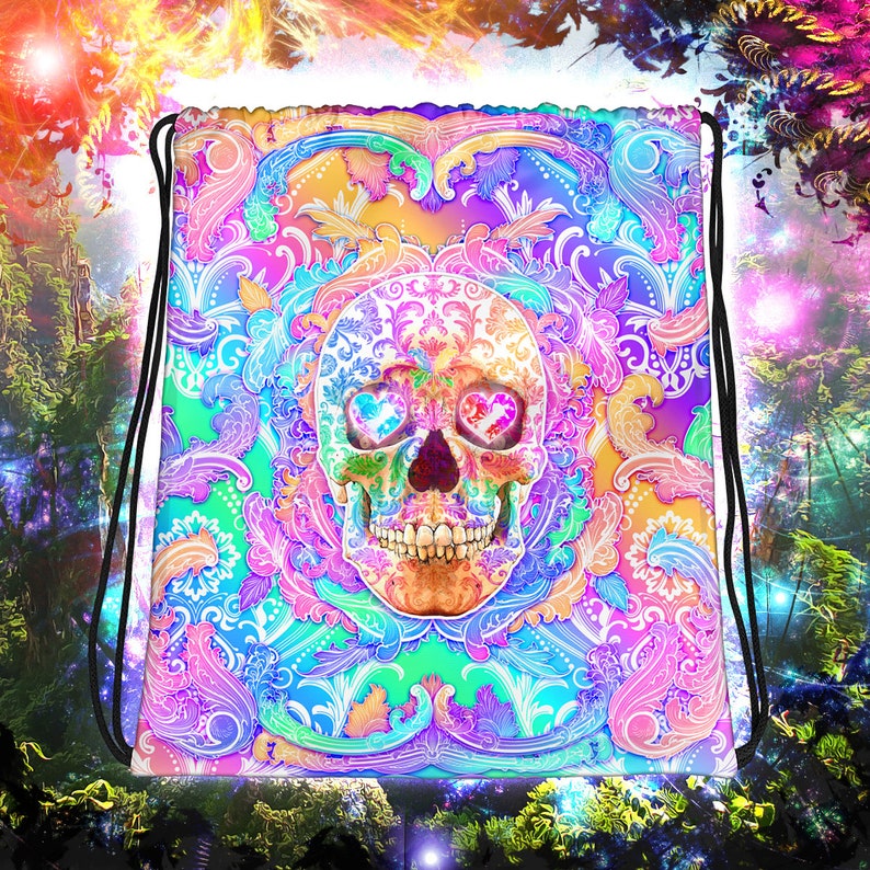 Yami Kawaii Psychedelic Skull Drawstring Backpack Menhera Kei Bag Vaporwave Style