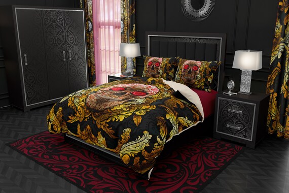 Victorian Goth Gold Skull Bedding Set Duvet Cover Or Etsy