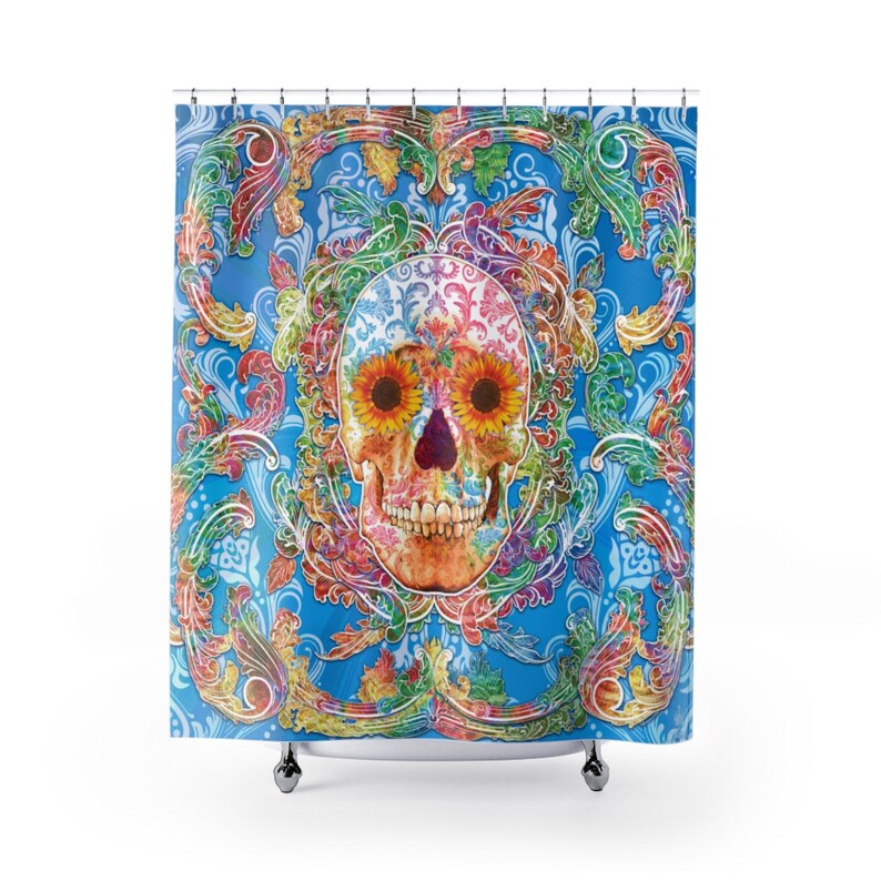 Sugar Skull Shower Curtain With Flowers Day Of The Dead Image 0 1