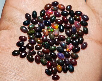 Natural Ethiopian Black Opal Oval Cabs Loose Stone 34 Pcs 4*5-4*6 MM 10 CT, Ethiopian Opal, Natural Opal Gemstone For Making Jewelry