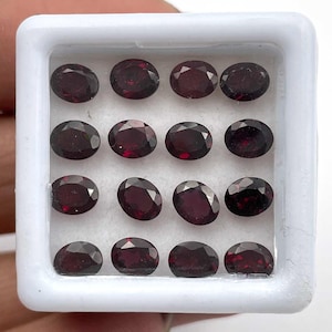 Puede incluir: Una colección de 15 piedras preciosas ovaladas de color rojo oscuro dispuestas en una caja blanca. Las piedras preciosas están dispuestas en tres filas de cinco.
