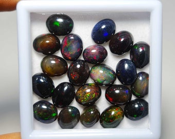 Natural Ethiopian Black Opal Oval Cabs Loose Stone 7 Pcs 8*10 MM 11 CT, Ethiopian Opal, Natural Opal Gemstone For Making Jewelry