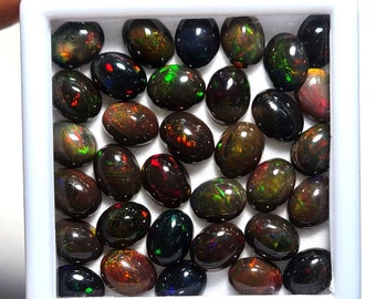 Natural Ethiopian Black Opal Oval Cabs Loose Stone 8 Pcs 7*9 MM 10 CT, Ethiopian Opal, Natural Opal Gemstone For Making Jewelry