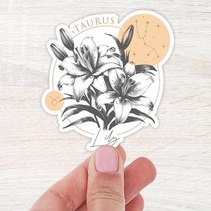 Sticker fleur de naissance Taureau | Sticker thème du zodiaque | autocollant bouteille d'eau | autocollant de lys | Sticker pour ordinateur portable | Autocollants d'astrologie | Vinyle