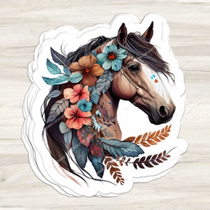 Horse Teal Feathers & Floral Sticker | Water Bottle Sticker | Animal Sticker | Notebook Sticker | Bright Color Sticker | Colorful Stickers