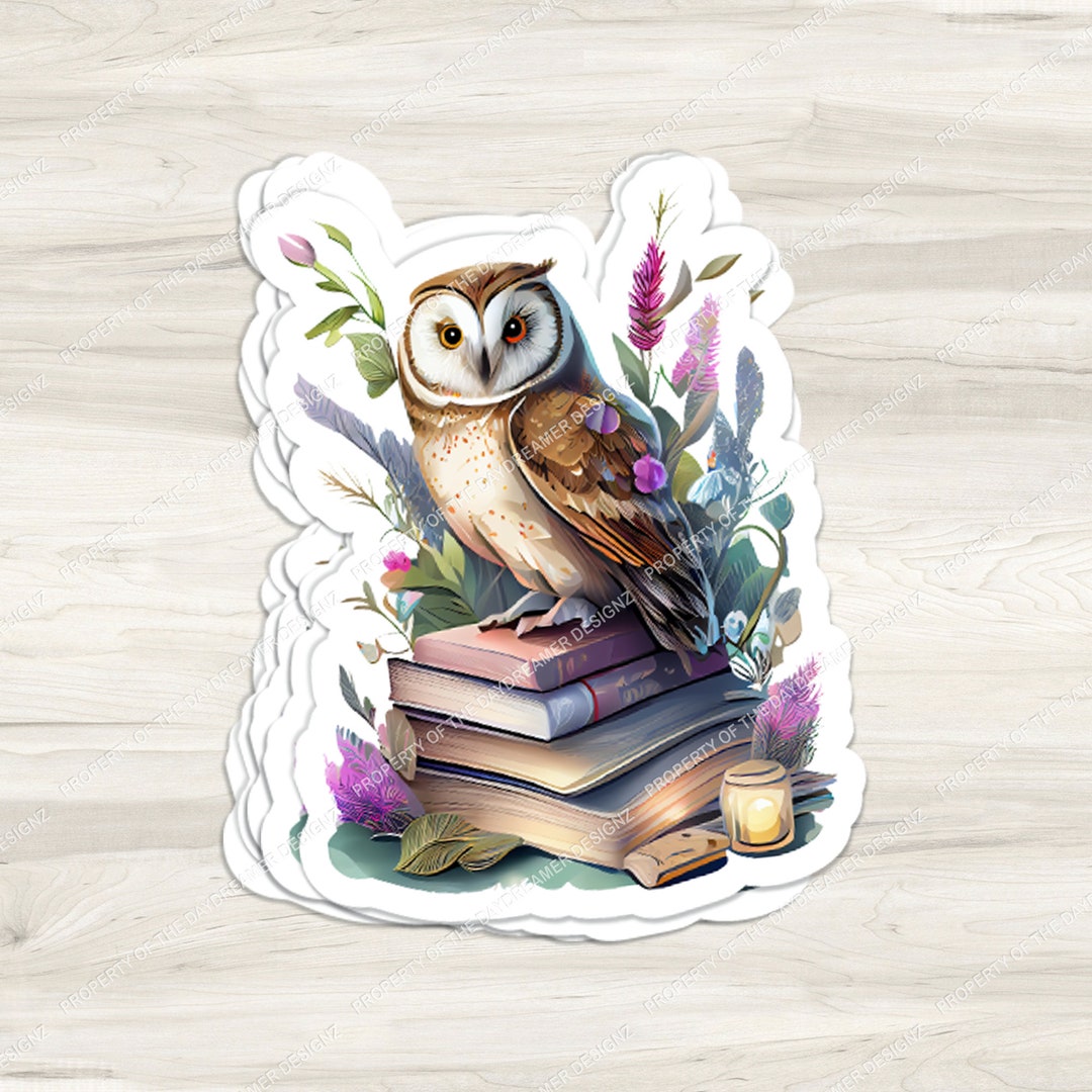 Owl and Book Stack Book Sticker Bookish Fantasy Book Sticker Decal for