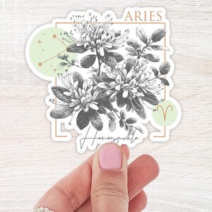 Sticker fleur de naissance Bélier | Sticker thème du zodiaque | autocollant bouteille d'eau | Sticker chèvrefeuille | Sticker pour ordinateur portable | Stickers Astrologie
