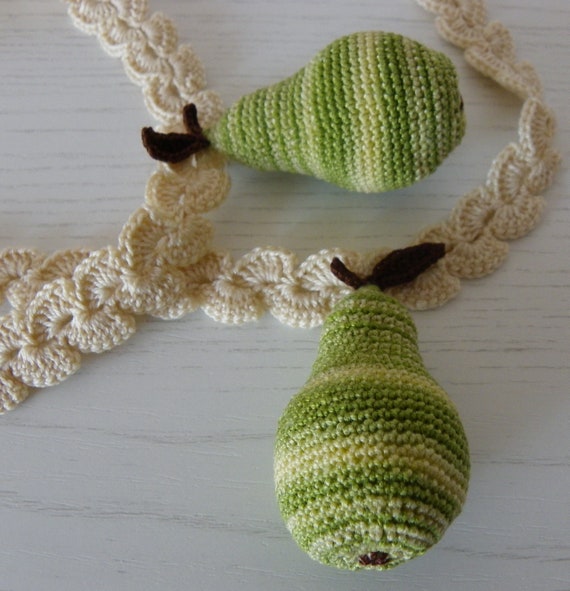 Set Of 2 Crochet Kitchen Curtains Drape With Fruit 3d Pear Etsy
