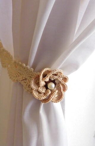 2 Ferma Tende Boho Con Fiori E Perline - Beige, Regolabili, 48 Cm, Per Casa E Ufficio