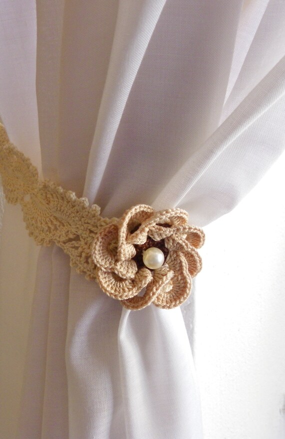 2 Ferma Tende Boho Con Fiori E Perline - Beige, Regolabili, 48 Cm, Per Casa E Ufficio