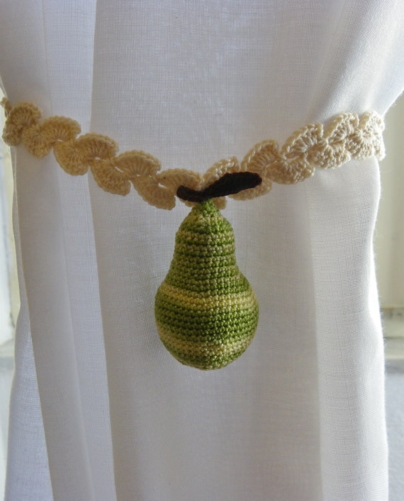 Set Of 2 Crochet Kitchen Curtains Drape With Fruit 3d Pear Etsy
