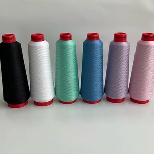 May include: Six spools of Gutermann thread in various colours, including black, white, mint green, light blue, lavender, and pink. The spools are all the same size and have red caps.