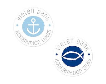 Vielen Dank Aufkleber FISCH/ANKER zur Kommunion, Konfirmation, Taufe etc. Ø 4cm personalisiert und in der Wunschfarbe