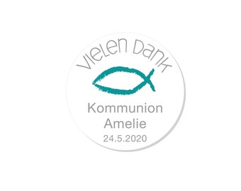 Vielen Dank Aufkleber FISCH zur Kommunion, Konfirmation, Taufe, Segnung Ø 4cm personalisiert & mit Wunschfarbe