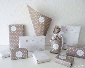 DIY-Adventskalender-Set, shabby chic:  24 Papierbögen + 30 Sticker