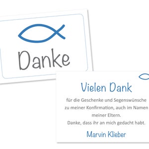 Dankekärtchen, Danksagungskarten oder pdf-Datei zur Konfirmation Kommunion Taufe Segnung, personalisiert, in der Wunschfarbe, Design FISCH image 2