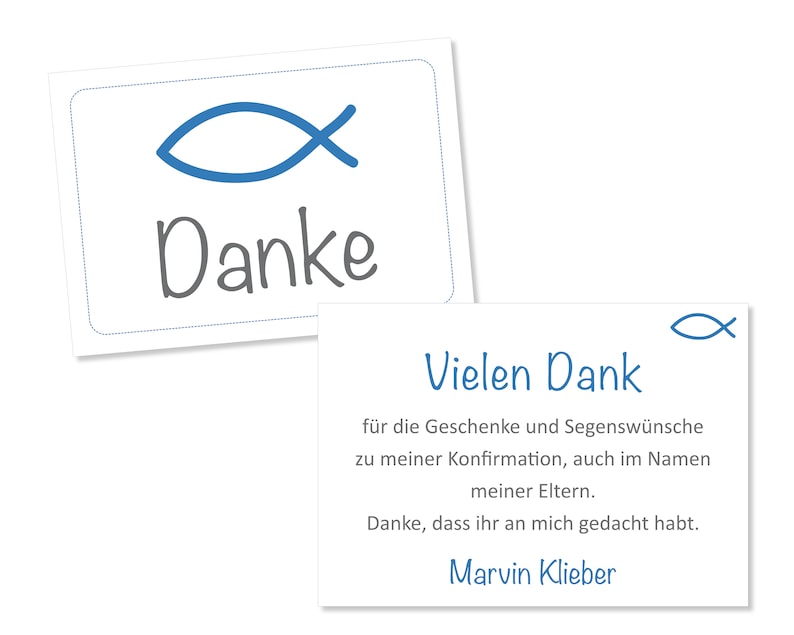 Dankekärtchen, Danksagungskarten oder pdf-Datei zur Konfirmation Kommunion Taufe Segnung, personalisiert, in der Wunschfarbe, Design FISCH image 2