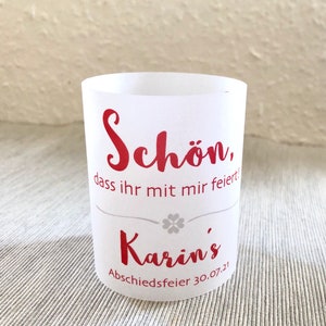 SET: Teelichthülle, Windlichthülle, Windlichtschirm, Tischdeko Geburtstag, Jubiläum etc. personalisiert, Wunschfarbe Design KLEEBLATT Bild 3