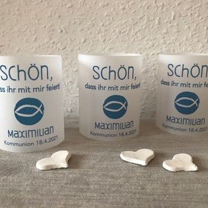 SET: Teelichthülle, Windlichthülle, Windlichtschirm, Tischdeko Kommunion Konfirmation Taufe, personalisiert, Wunschfarbe Design FISCH rund