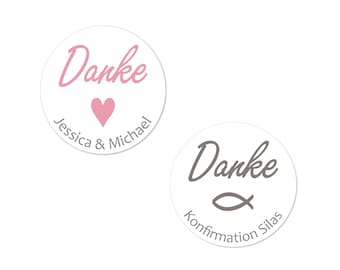 DANKE Aufkleber zur Hochzeit, Kommunion, Konfirmation etc. Ø 4cm personalisiert und in der Wunschfarbe