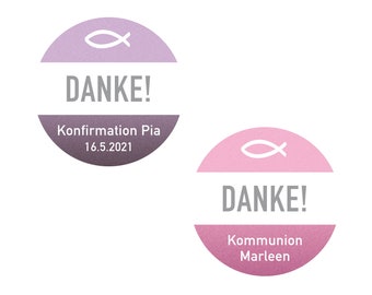 Dankeaufkleber FISCH zur Taufe, Kommunion, Konfirmation, Segnung, Ø 5cm, personalisiert und in der Wunschfarbe