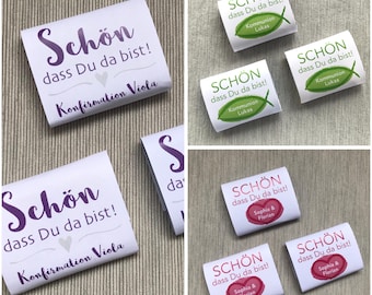 Spersonalizowane opakowania na czekoladki | 3 wzory | Upominek na ślub, komunię, bierzmowanie, chrzest | Miniaturowe czekoladowe upominki na imprezę