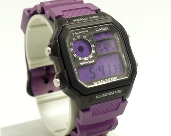 CASIO AE1200カスタム パープル 新品 ラバーベルト Casio World Time AE-1200WH Custom Watch Casio Royale Mod Black