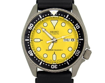 reloj vintage seiko skx013 buzos reloj nh36a AMARILLO esfera perla explosión zafiro doble cúpula opción 38mm tamaño mediano