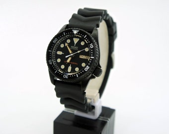 vintage watch seiko skx013 divers watch nh36 patina dial black cerakote  sapphire double dome option 38mm