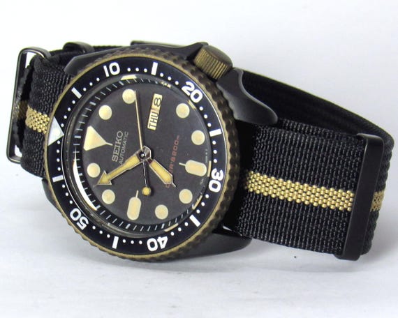vintage watch seiko skx mens diver watch patina skx007 nh36a stainless steel sapphire double cerakote black burnt bronze View 4