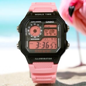 Casio world time AE-1200WH custom watch casio royale mod all black pink screen  free tempered glass and extra strap