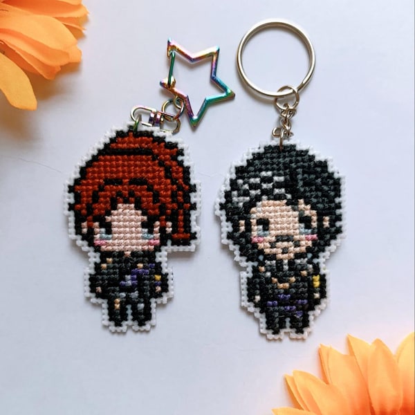 Maelle and Verso keychain | Clair Obscur Expedition 33 charm | Handmade Pixel Art Cross Stitch Gift (EXP33)