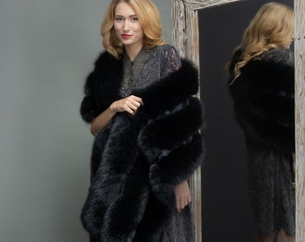 Black Fox Fur Palamine Handmade of Genuine Saga Fur for Women