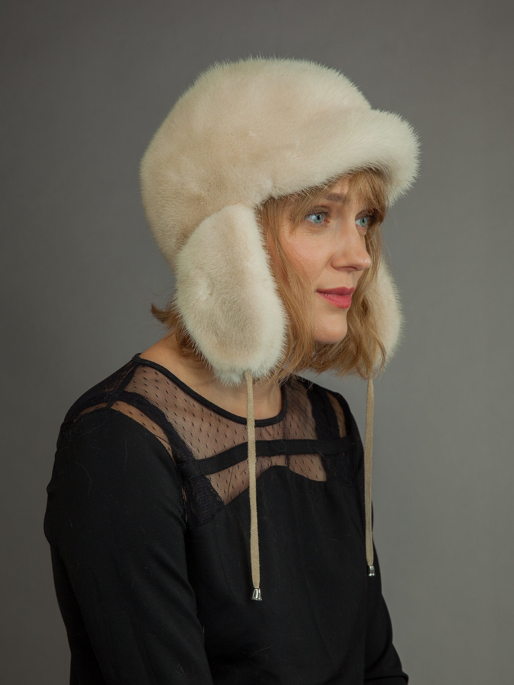 Natural Beige Mink Fur Hat Ushanka 