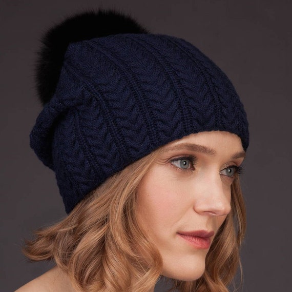 Dark Blue Cashmere Women Knit Beanie 