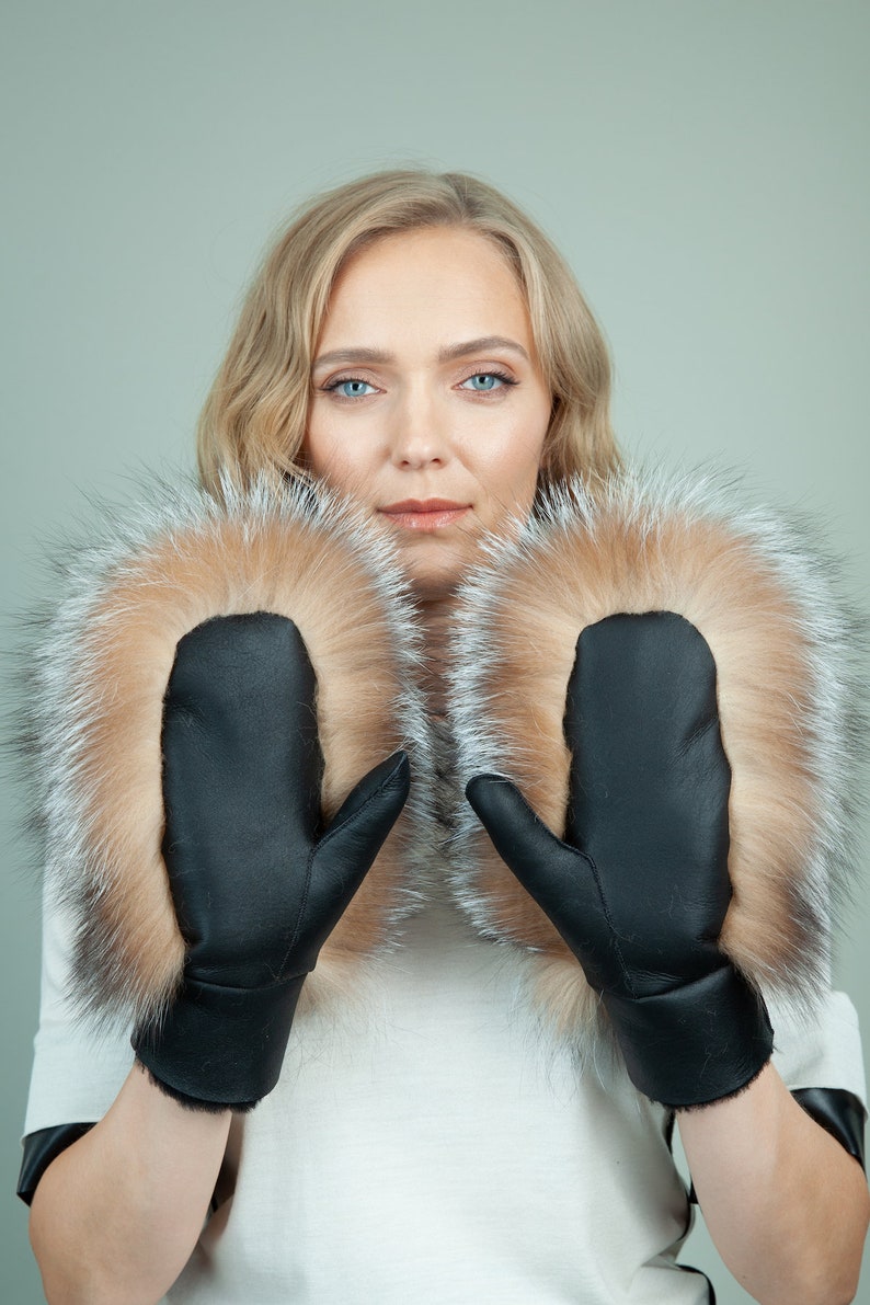 Fur Lined Mittens Gloves in Merino Sheepskin and Gold Frost Etsy